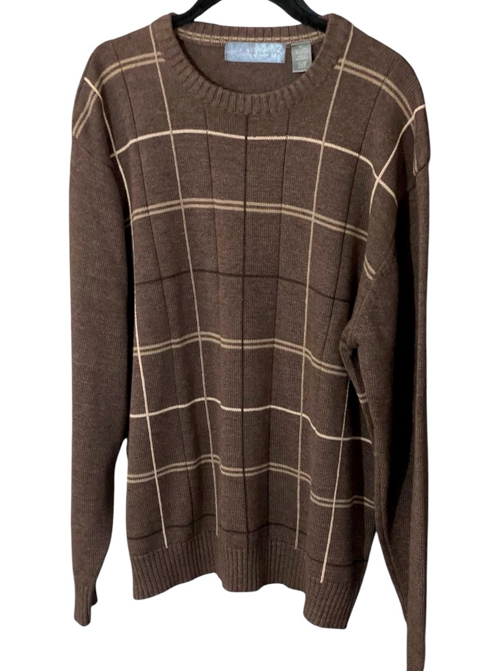 Oscar de la Renta Chocolate Brown Windowpane Sweater XL Preppy Old Money Grandpa - Picture 5 of 8